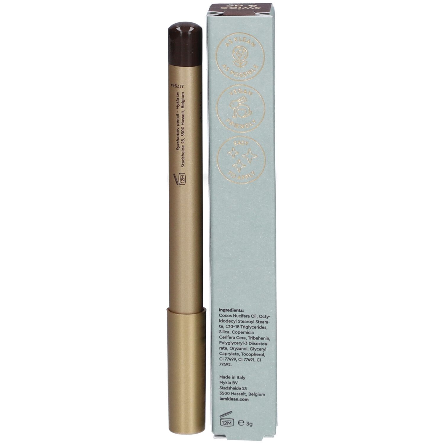 i.am.klean Eye Pencil und Verpackung. Goldfarbener Stift mit brauner Spitze. Verpackung mit Produktinformationen und Inhaltsstoffen.