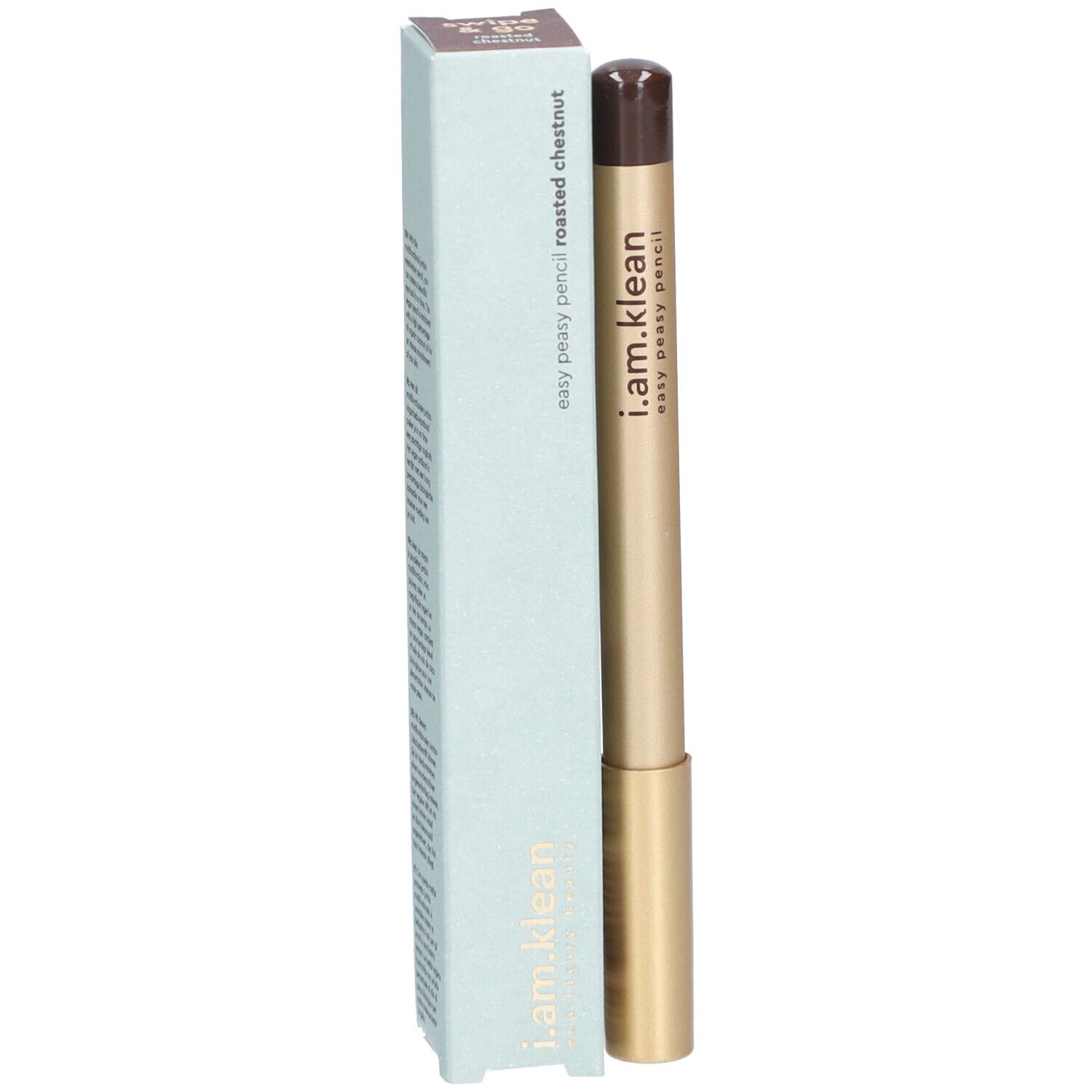 i.am.klean Eye Pencil. Goldfarbener Stift mit brauner Spitze und hellblauer Verpackung. Auf der Verpackung steht "easy peasy pencil roasted chestnut".