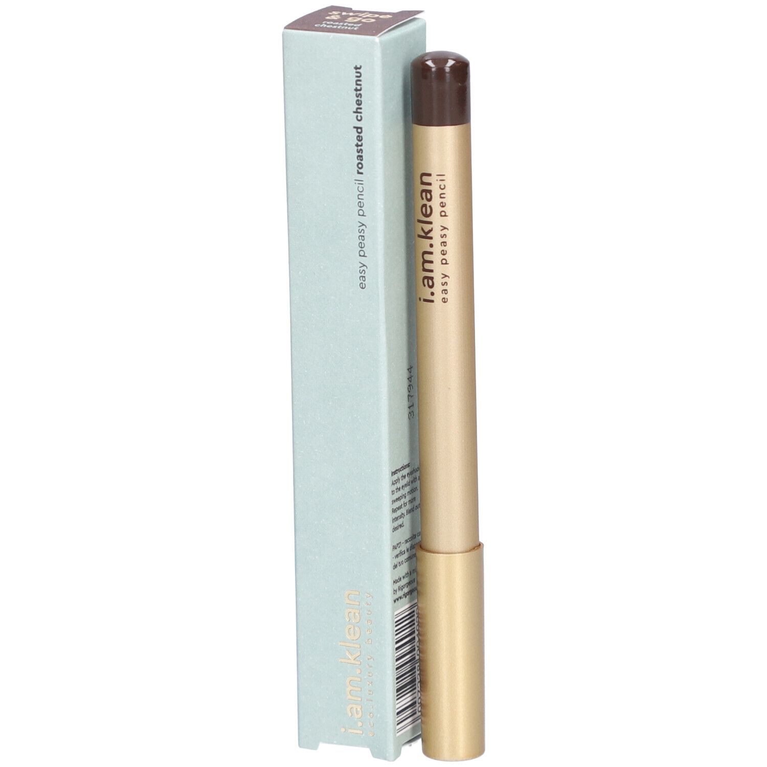 i.am.klean Eye Pencil. Goldfarbener Stift mit brauner Spitze und hellblauer Verpackung. Auf der Verpackung steht "easy peasy pencil roasted chestnut".