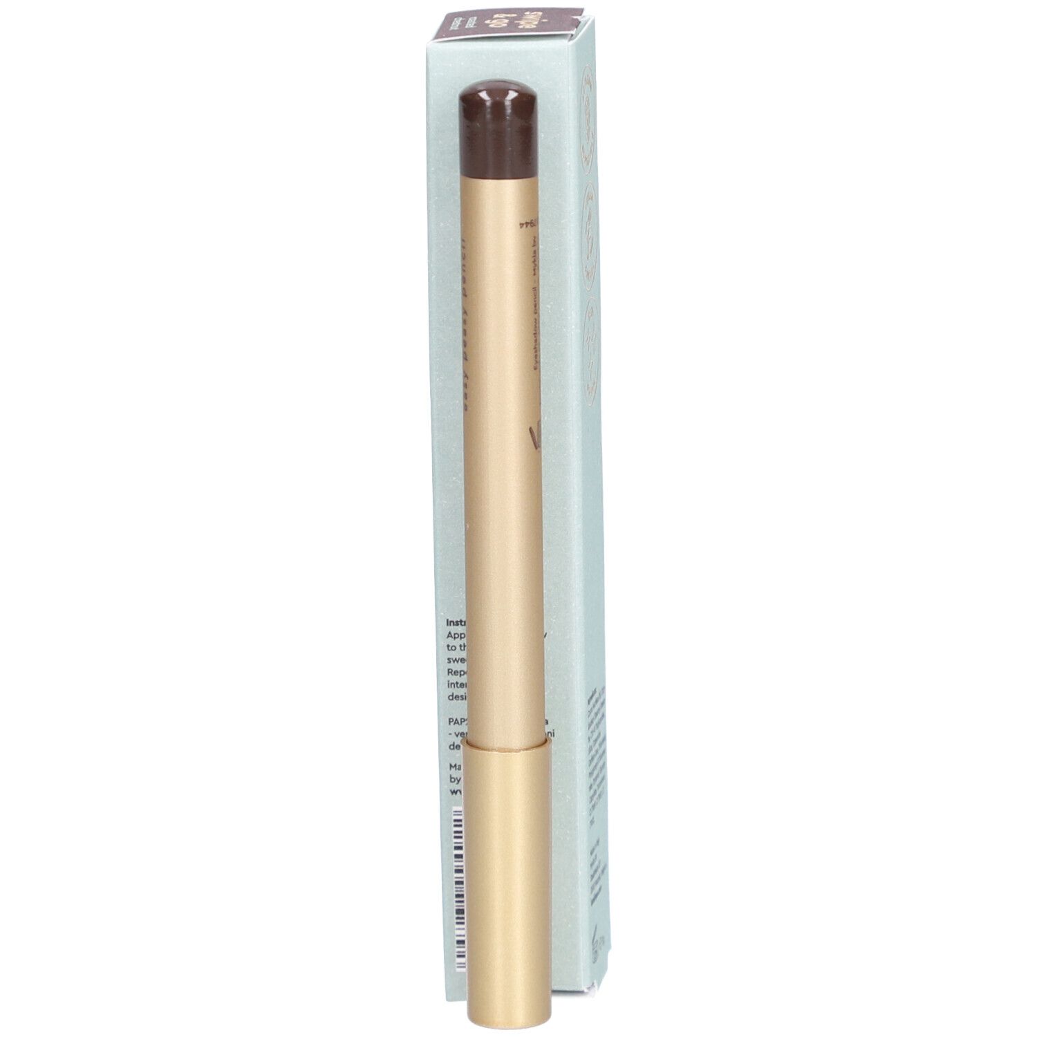 i.am.klean Eye Pencil. Goldfarbener Stift mit brauner Spitze und hellblauer Verpackung. Auf der Verpackung steht "easy peasy pencil roasted chestnut".