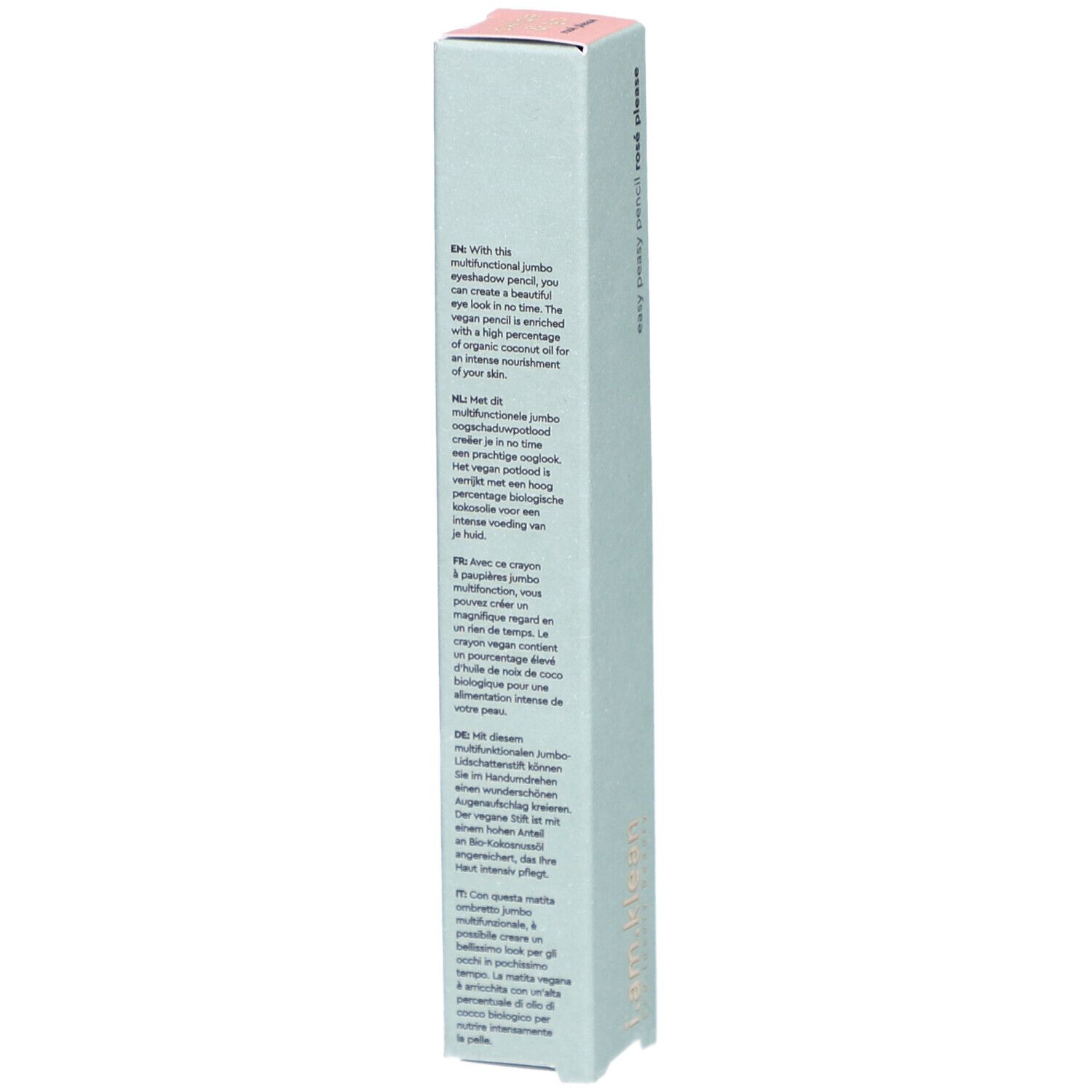 Schachtel für i.am.klean Eye Pencil. Text in mehreren Sprachen. Enthält Informationen über das Produkt und Inhaltsstoffe.