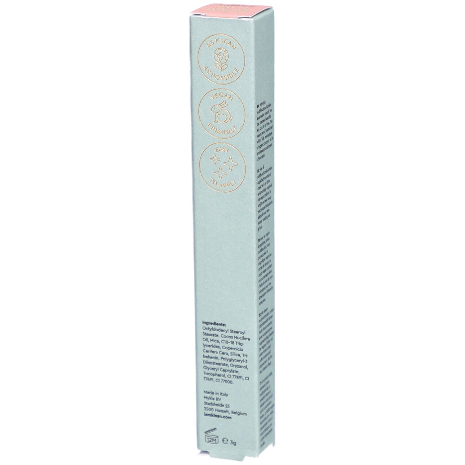 Schachtel für i.am.klean Eye Pencil. Rückseite mit Logos: Vegan, Cruelty Free, und andere. Inhaltsstoffe und Herkunft.