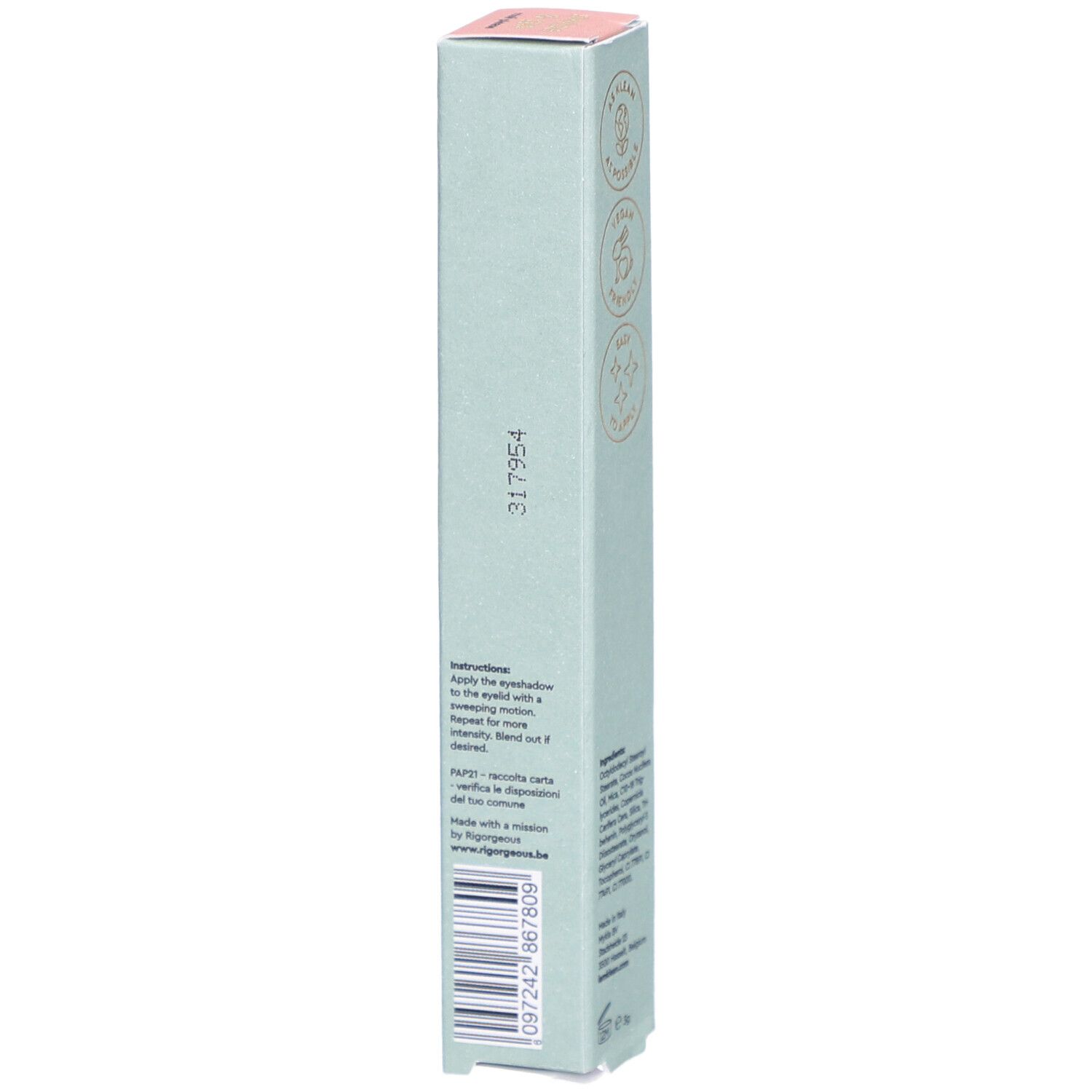 Schachtel für i.am.klean Eye Pencil. Rückseite mit Anwendungsanleitung, Barcode und Website-Adresse.