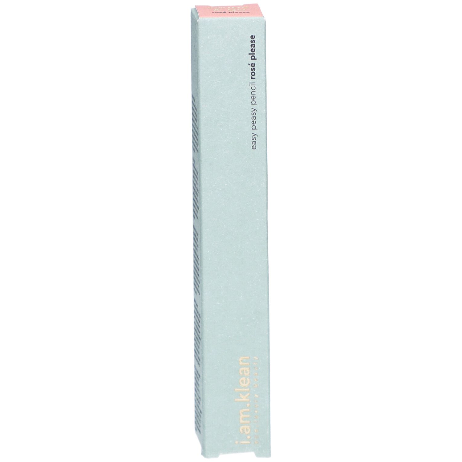 Schachtel für i.am.klean Eye Pencil. Hellgrün mit rosa Akzenten. Aufschrift: easy peasy pencil rosé please und i.am.klean.