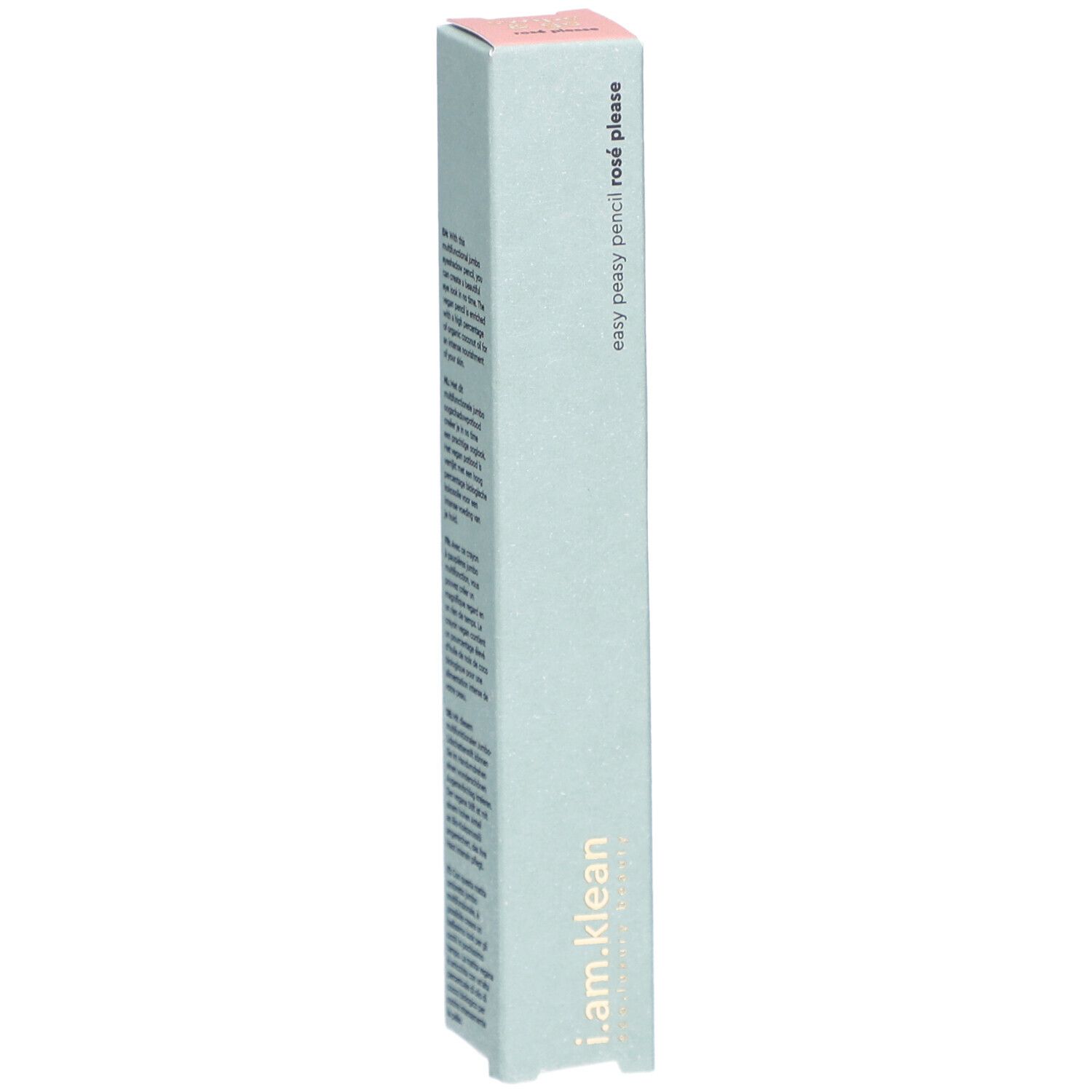 Schachtel für i.am.klean Eye Pencil. Hellgrün mit rosa Akzenten. Aufschrift: easy peasy pencil rosé please und i.am.klean.