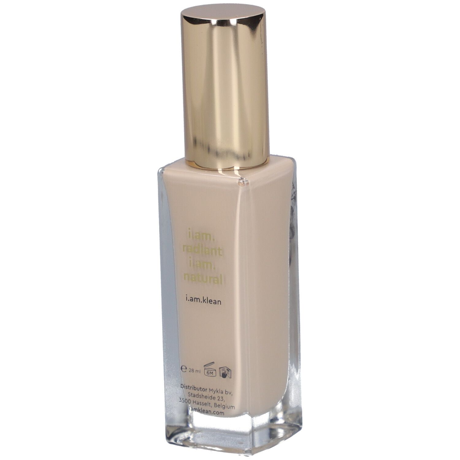 Beige Flüssig-Foundation in Glasflasche mit goldenem Deckel. Aufschrift: i.am.klean glow foundation.