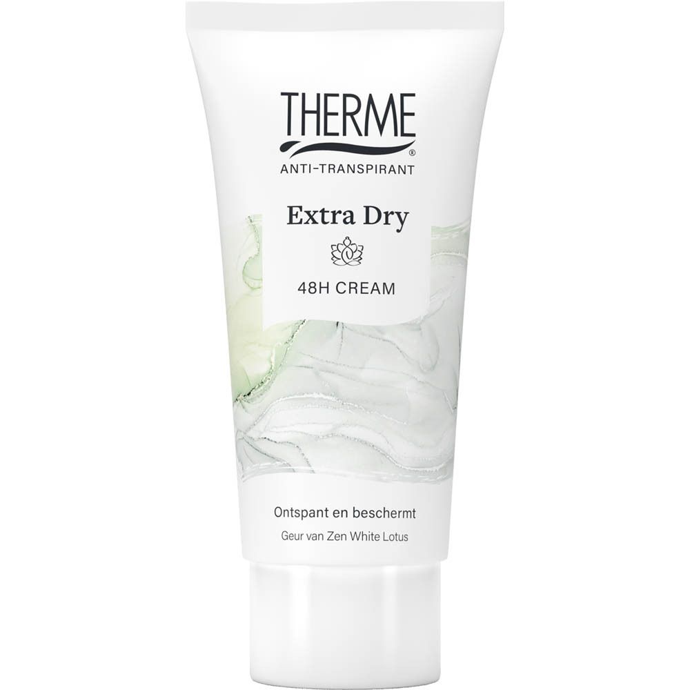 Witte tube Therme Anti-Transpirant Extra Dry Cream 48H. Met "Extra Dry" en "48H CREAM". Bloemenontwerp in groen en wit.