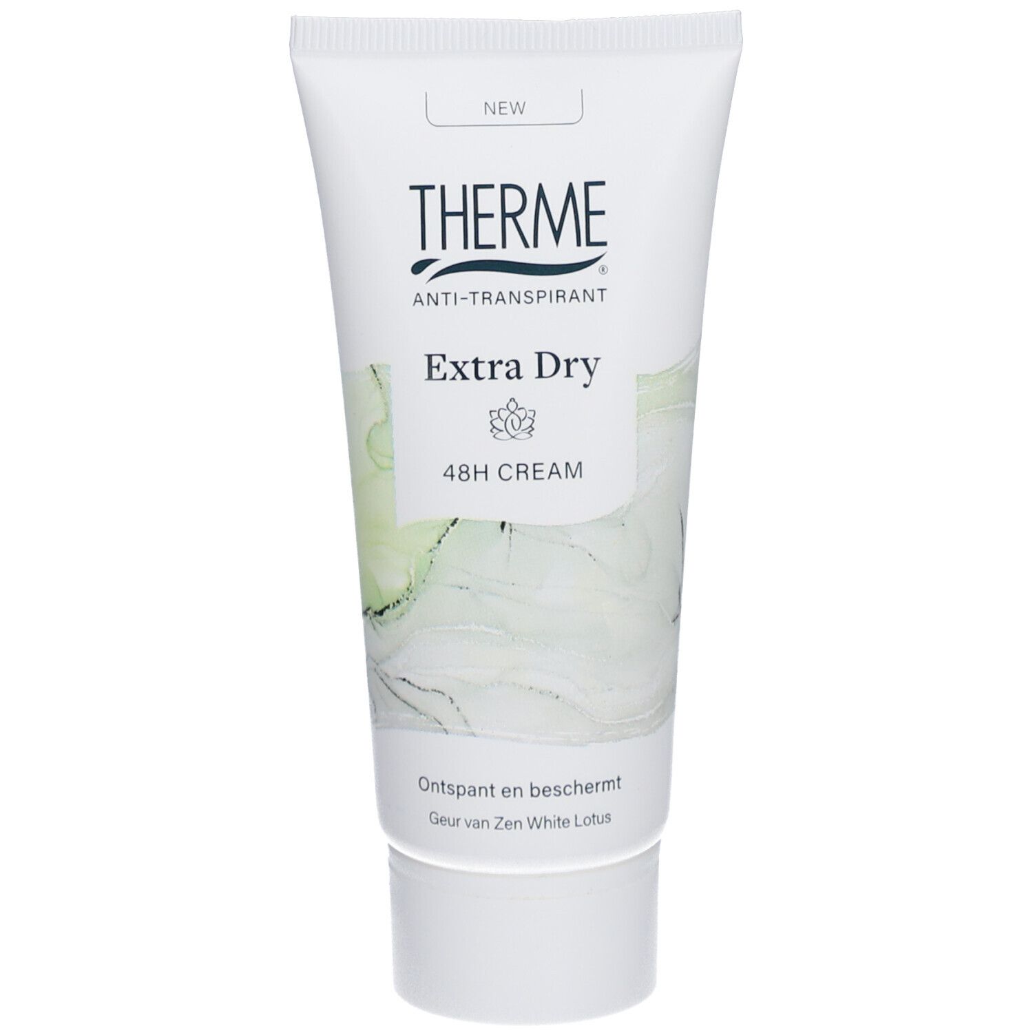 Therme Anti-Transpirant Extra Dry Cream 48H. Weiße Tube mit Produktnamen und floralem Design. "Extra Dry" und "48H CREAM" deutlich sichtbar.