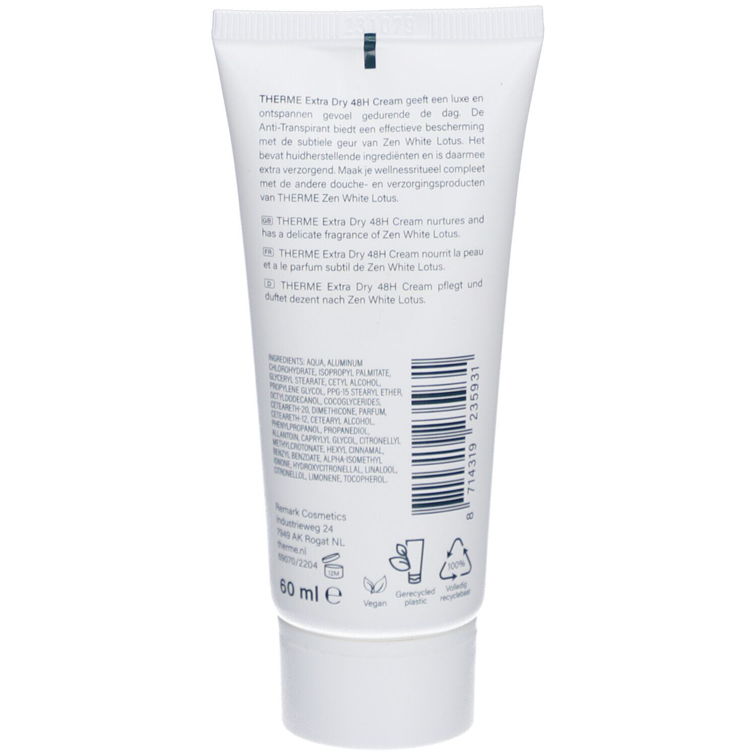 Rückseite der Therme Anti-Transpirant Extra Dry Cream 48H Tube. Text in mehreren Sprachen. Inhaltsstoffe und Recycling-Symbole.