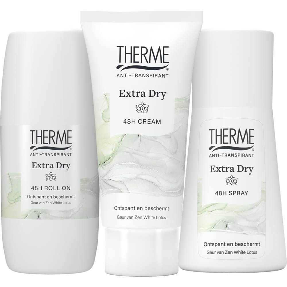Drie Therme producten op een wit oppervlak. Links: tube. Midden: fles. Rechts: roll-on.