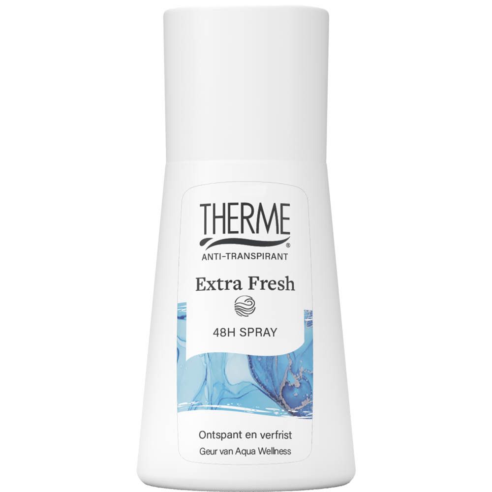 Therme Anti-Transpirant Extra Fresh Spray. Witte fles met blauw design. 48H Spray-opschrift.