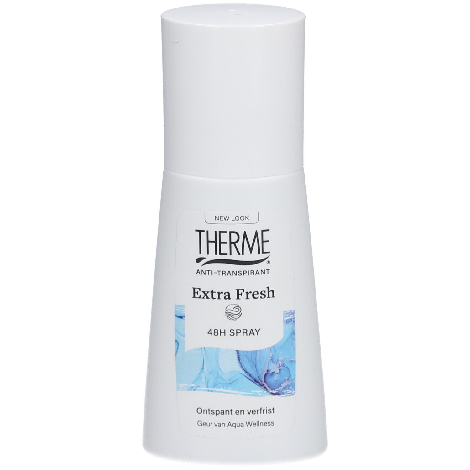 Therme Anti-Transpirant Extra Fresh Spray. Weiße Flasche mit blauem Design. 48H Spray-Aufschrift.