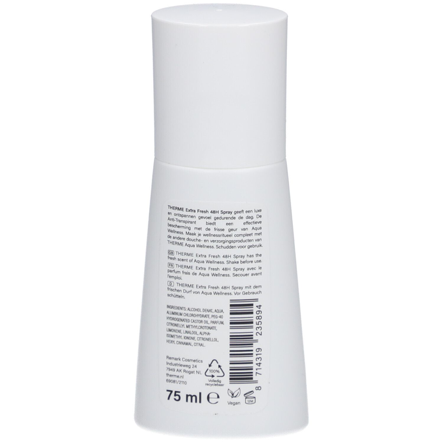 Rückseite der Therme Anti-Transpirant Extra Fresh Spray-Flasche. Text mit Inhaltsstoffen und Informationen.