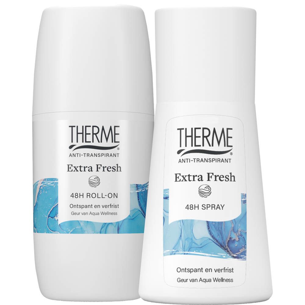 Therme Anti-Transpirant Extra Fresh Spray en roll-on. Beide producten naast elkaar.