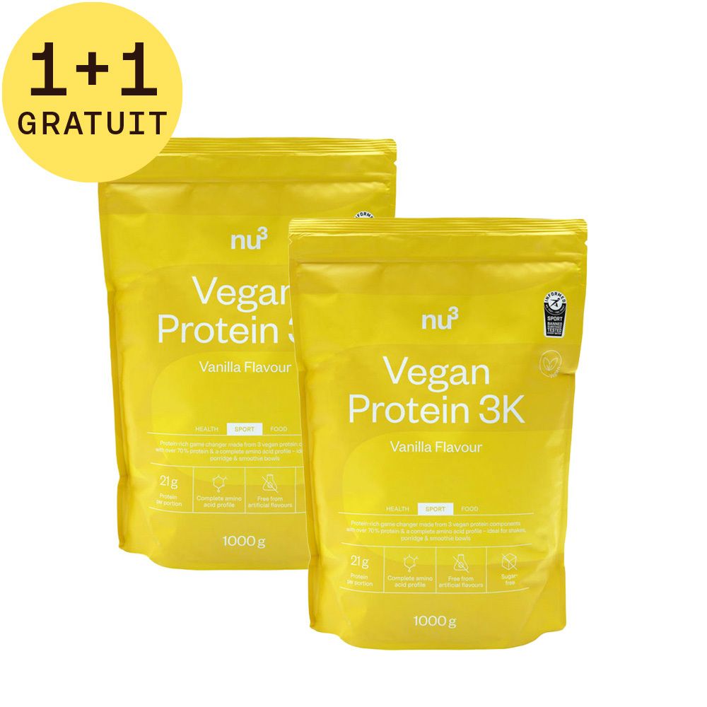 Deux sachets jaunes de Vegan Protein 3K avec impression et autocollant 1+1 GRATUIT.