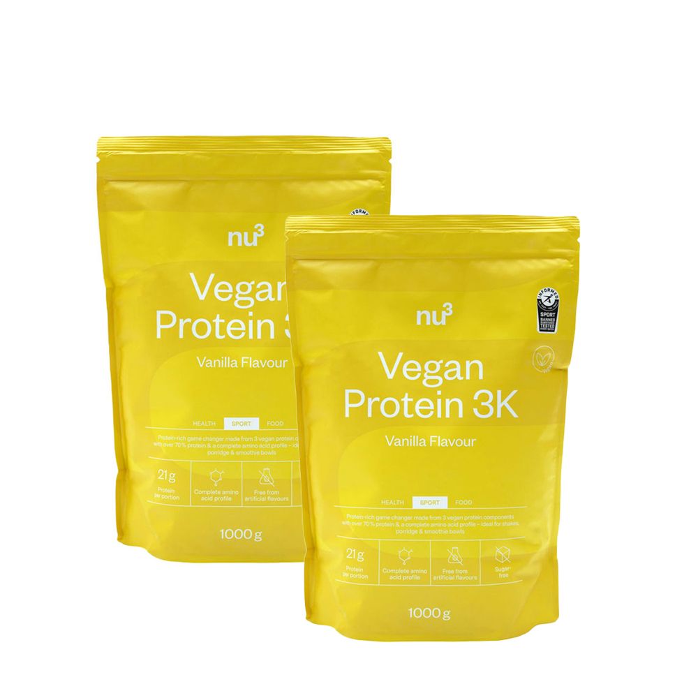 Deux sachets jaunes de Vegan Protein 3K avec impression.