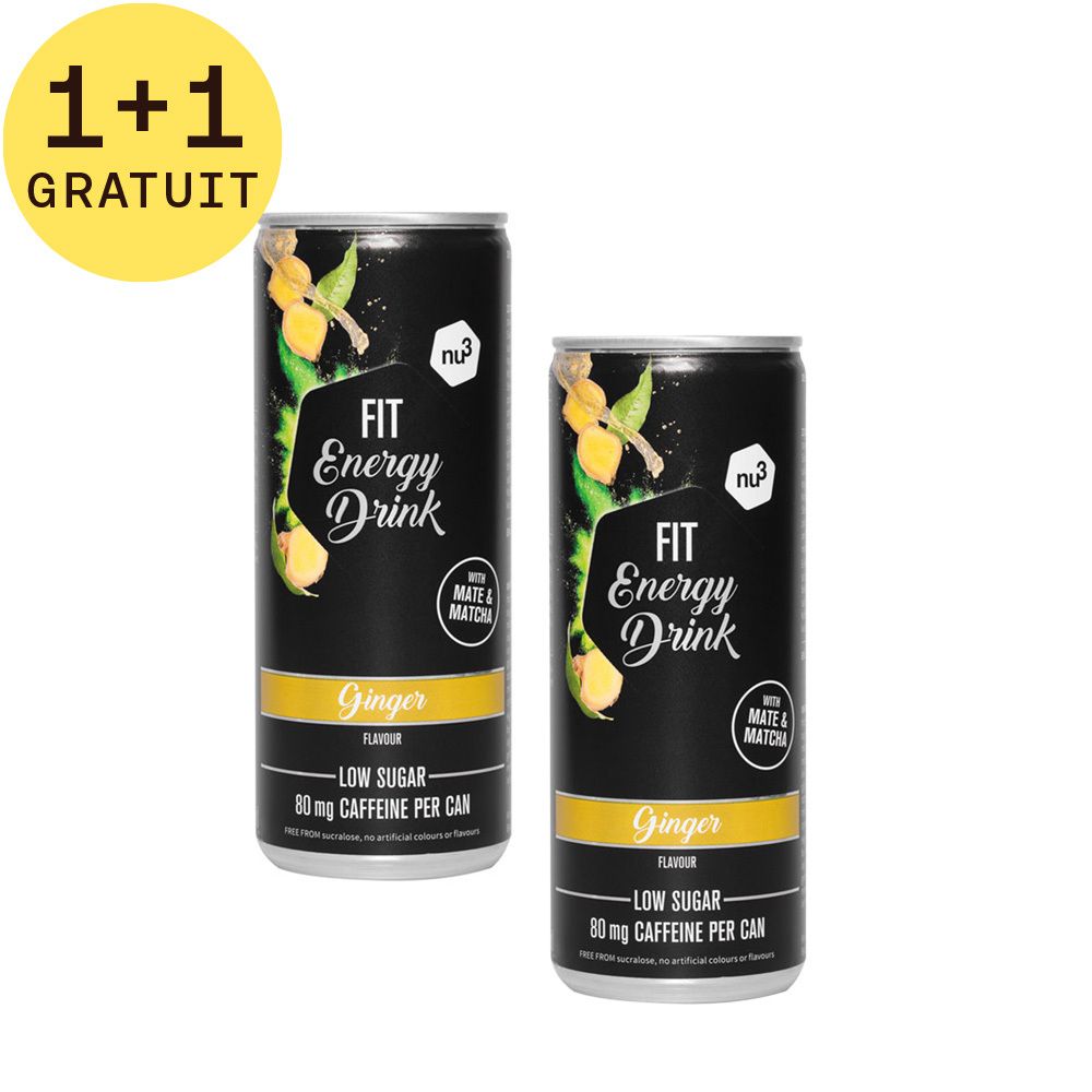Deux canettes de Fit Energy Drink, avec "Ginger". Texte "1+1 GRATUIT".