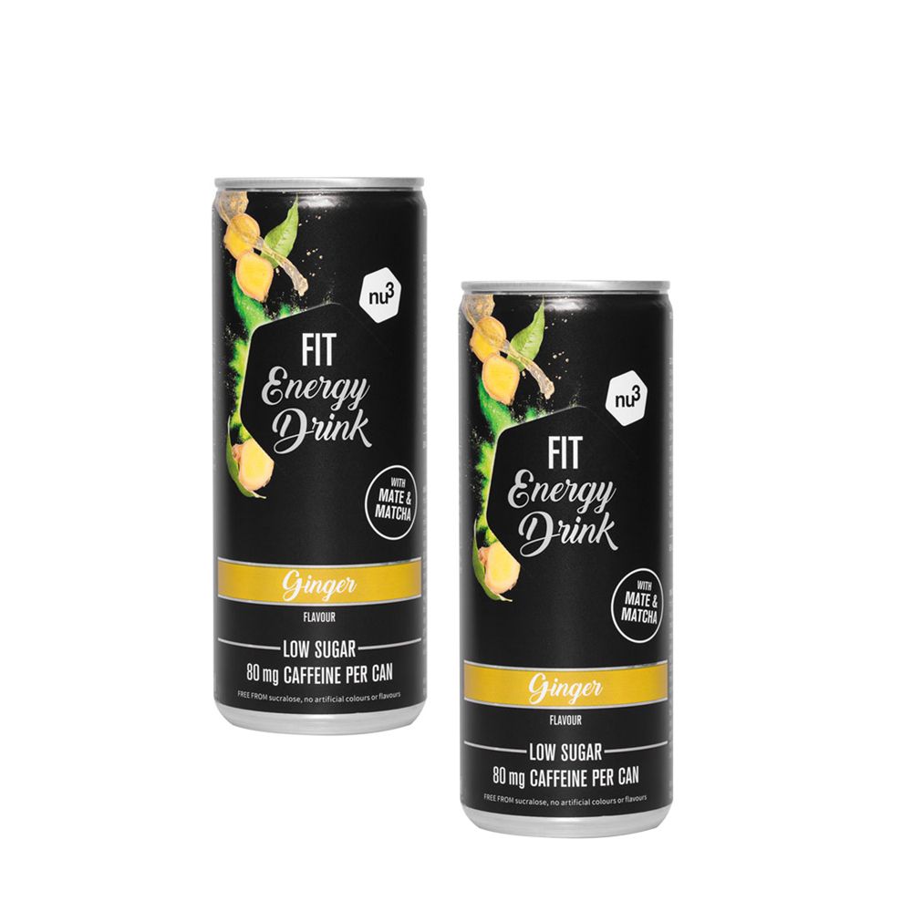 Deux canettes de Fit Energy Drink, avec "Ginger".