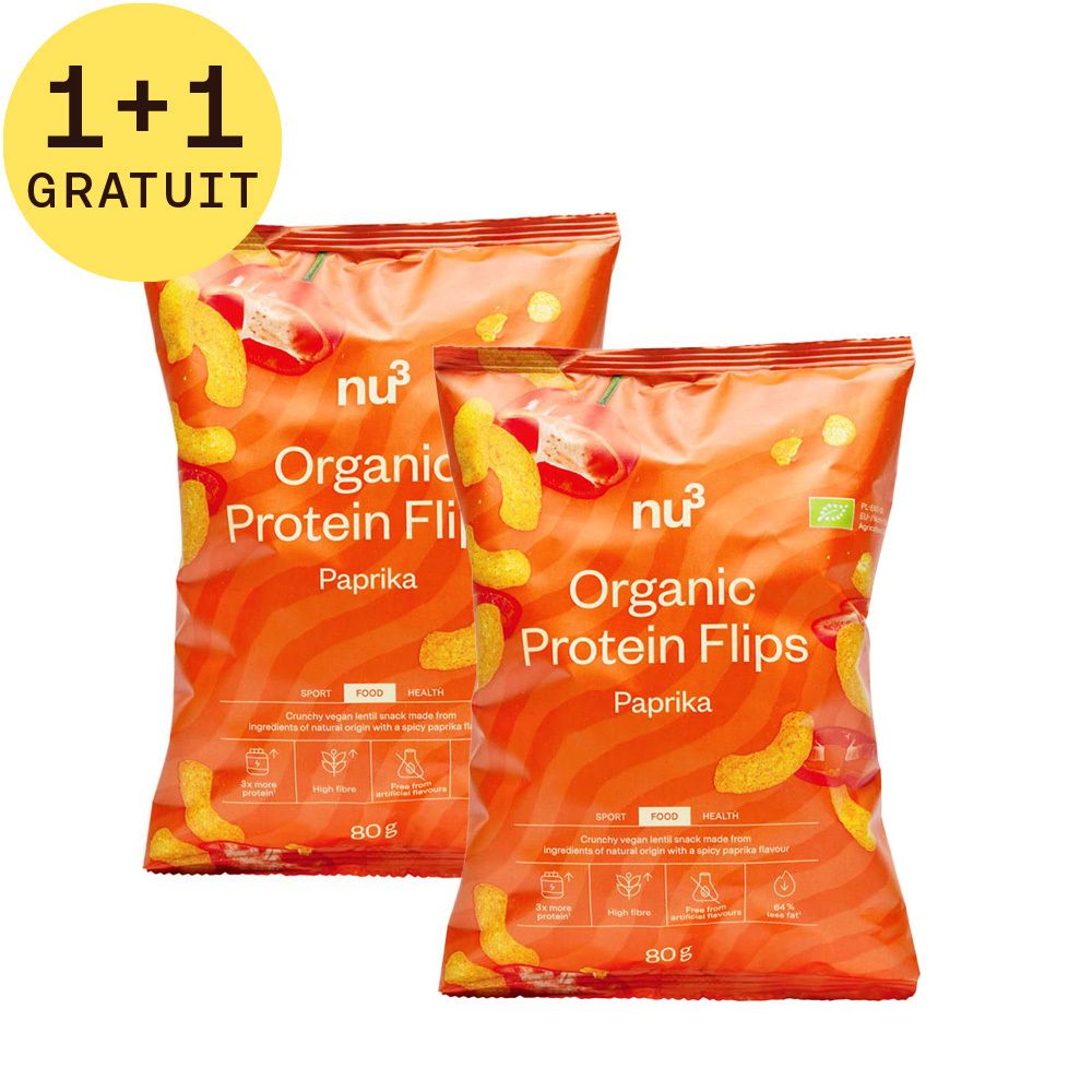 Deux paquets de nu3 Bio Protein Flips Paprika. Inscription "1+1 GRATUIT". Emballage orange avec nom du produit et image de paprika.