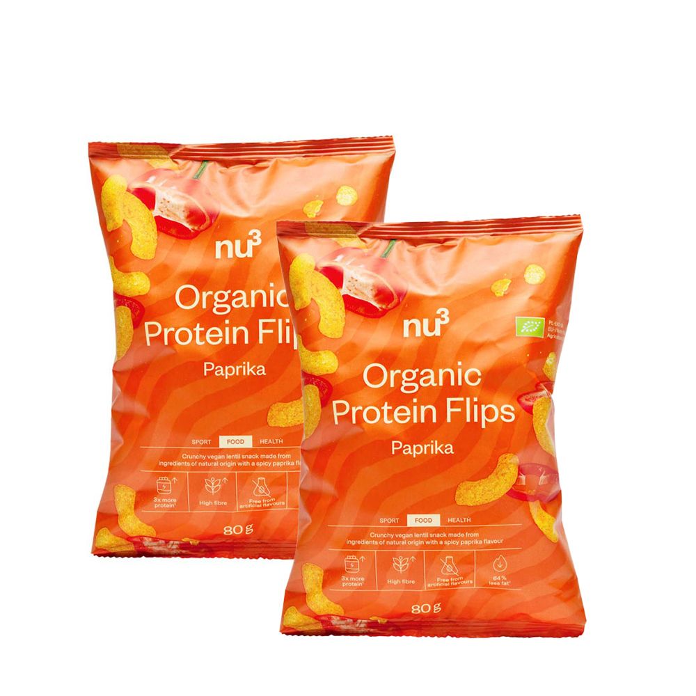 Deux paquets de nu3 Bio Protein Flips Paprika. Emballage orange avec nom du produit et image de paprika.