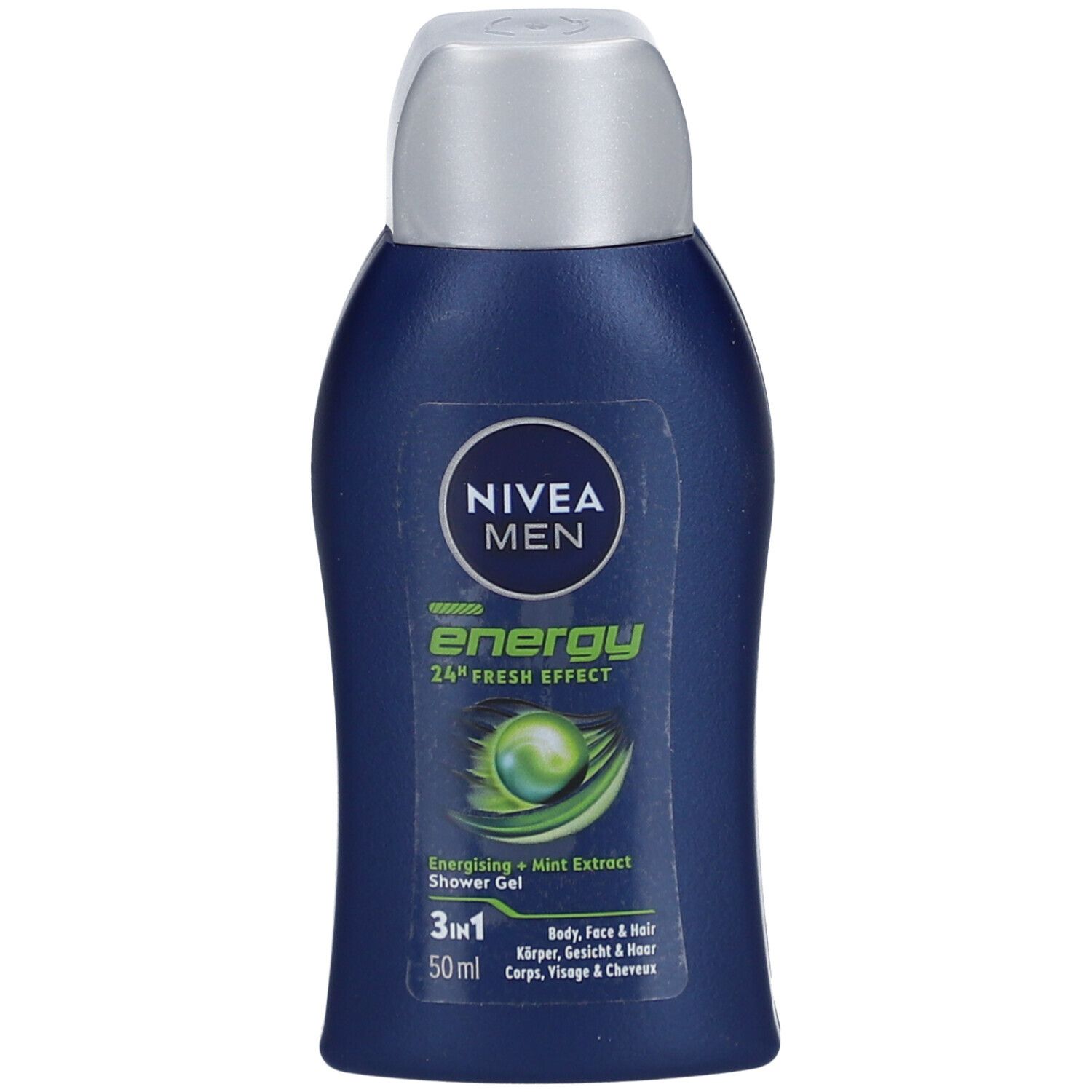 Blauwe fles NIVEA MEN Energy douchegel. Zilveren dop. Groen etiket met productinformatie.