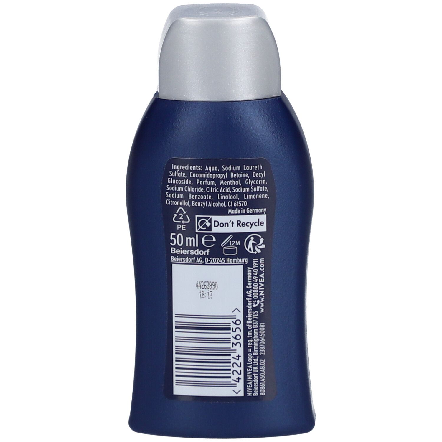 Achterkant van de blauwe NIVEA MEN Energy douchegelfles. Ingrediënten, fabrikantenadres en barcode.