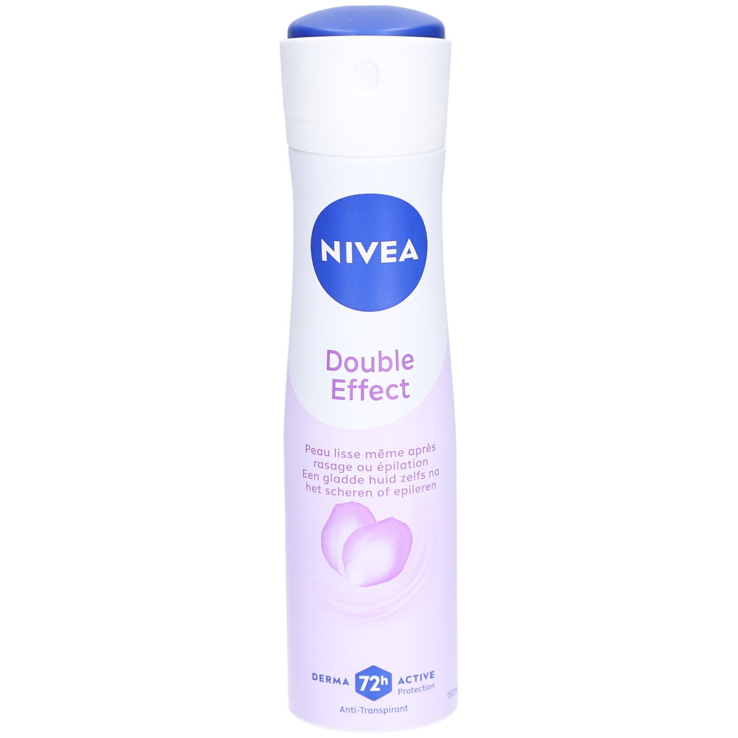 Nivea Déodorant Spray Double Effect. Weiße Sprühflasche mit blauem Deckel und Logo. Text: Double Effect, Derma 72h Active Protection.