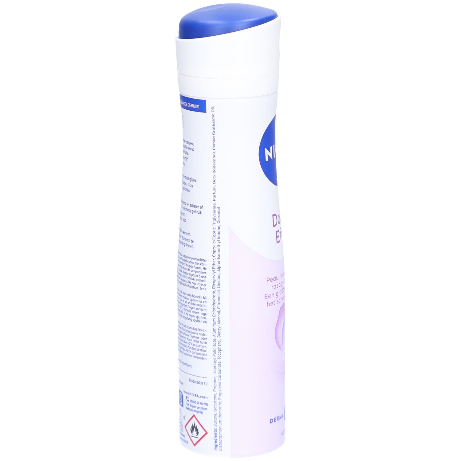 Nivea Déodorant Spray Double Effect. Weiße Sprühflasche, Seitenansicht. Text auf der Rückseite. Warnhinweis: leicht entzündlich.