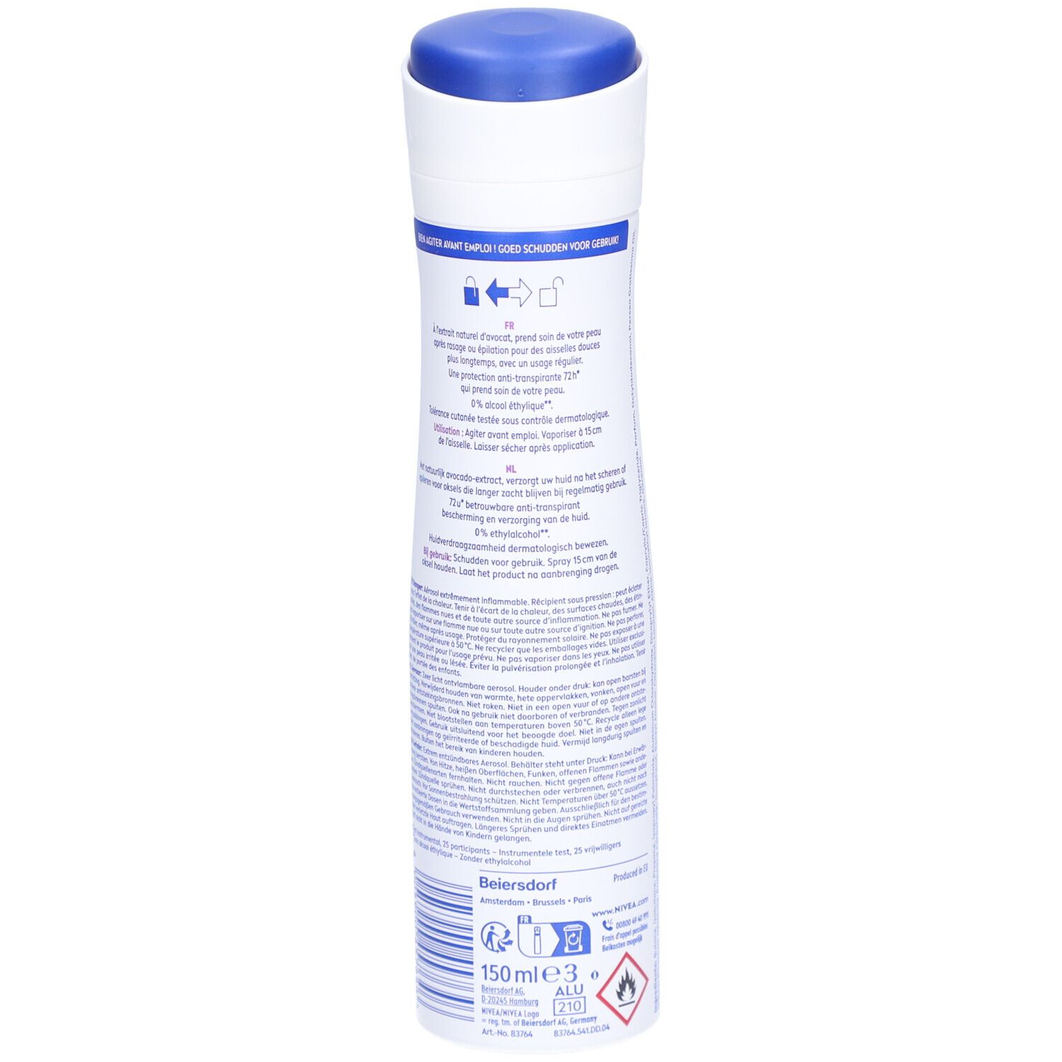 Nivea Déodorant Spray Double Effect. Rückseite der Sprühflasche. Text und Warnhinweise. Volumen: 150 ml.