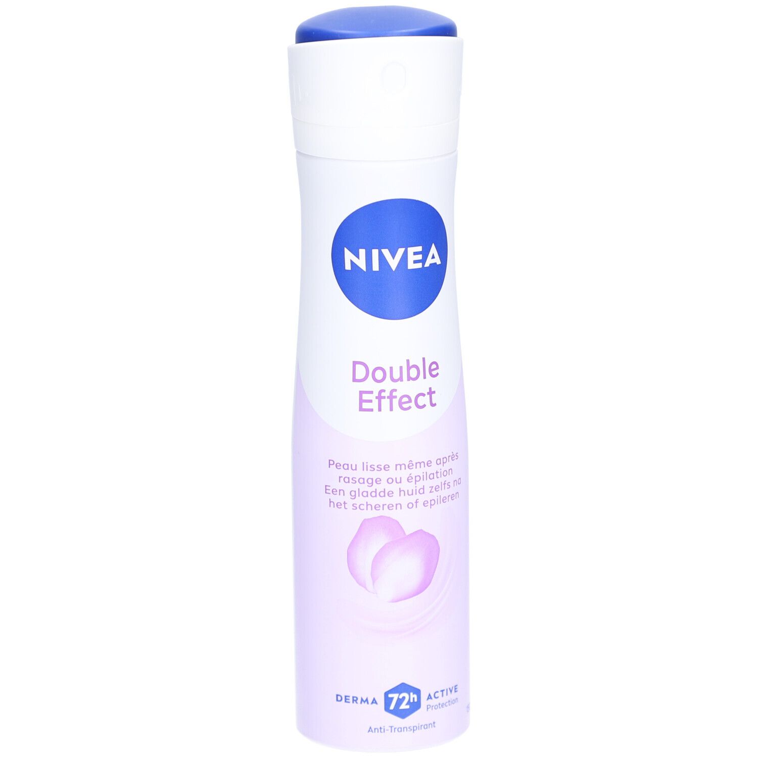Nivea Déodorant Spray Double Effect. Weiße Sprühflasche mit blauem Deckel und Logo. Text: Double Effect, Derma 72h Active Protection.