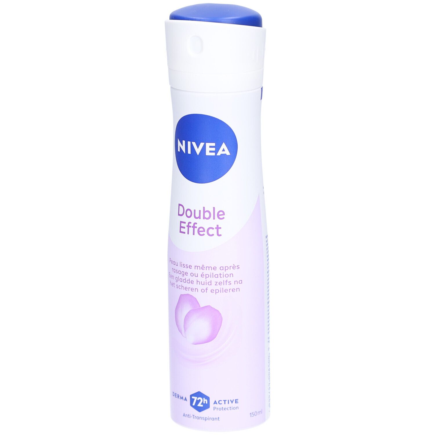 Nivea Déodorant Spray Double Effect. Weiße Sprühflasche mit blauem Deckel und Logo. Text: Double Effect, Derma 72h Active Protection.