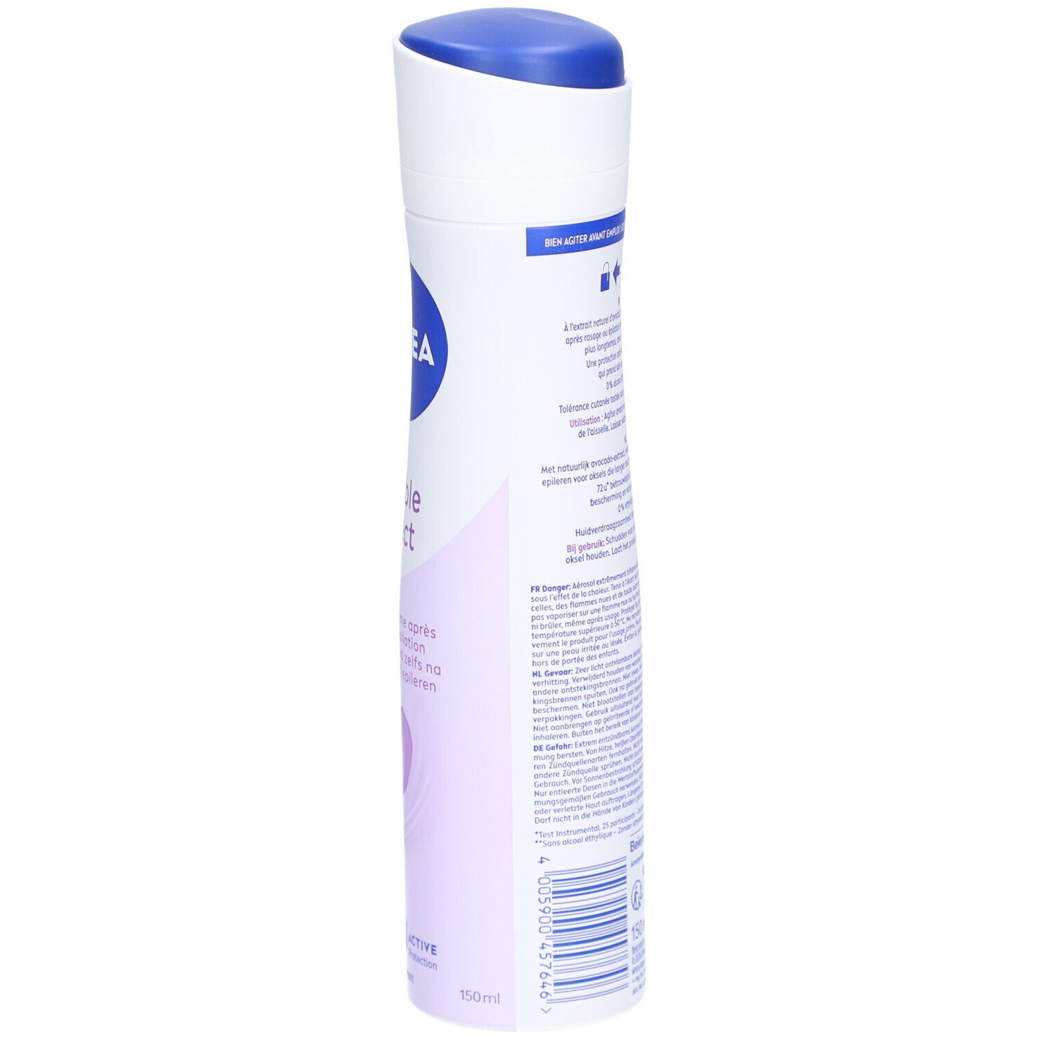 Nivea Déodorant Spray Double Effect. Weiße Sprühflasche, Seitenansicht. Text auf der Rückseite. Volumen: 150 ml.
