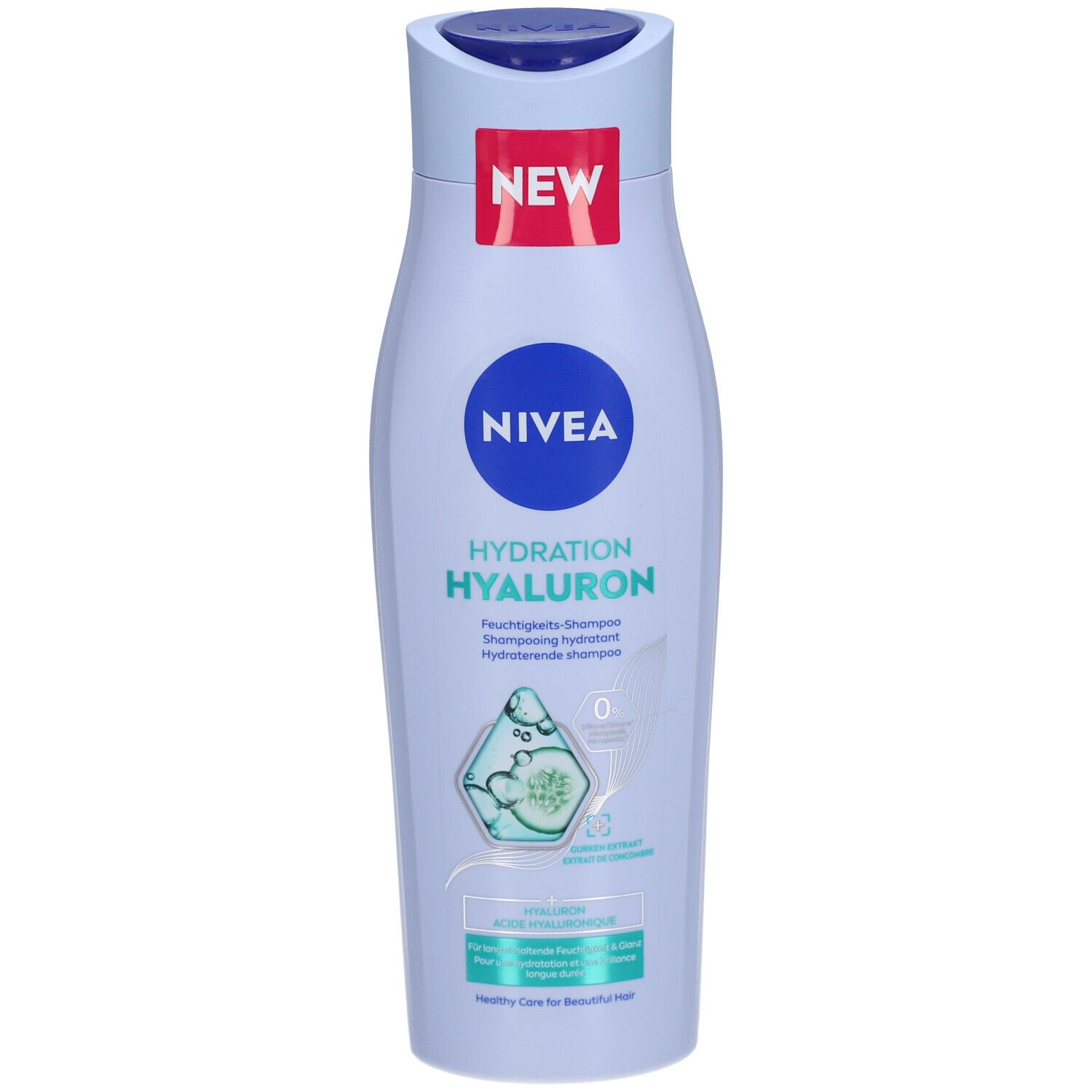 Hellblaue Shampoo-Flasche mit blauem Deckel. Aufschrift: NIVEA HYALURON. Etikett mit Produktinformationen und "NEW" Aufkleber.