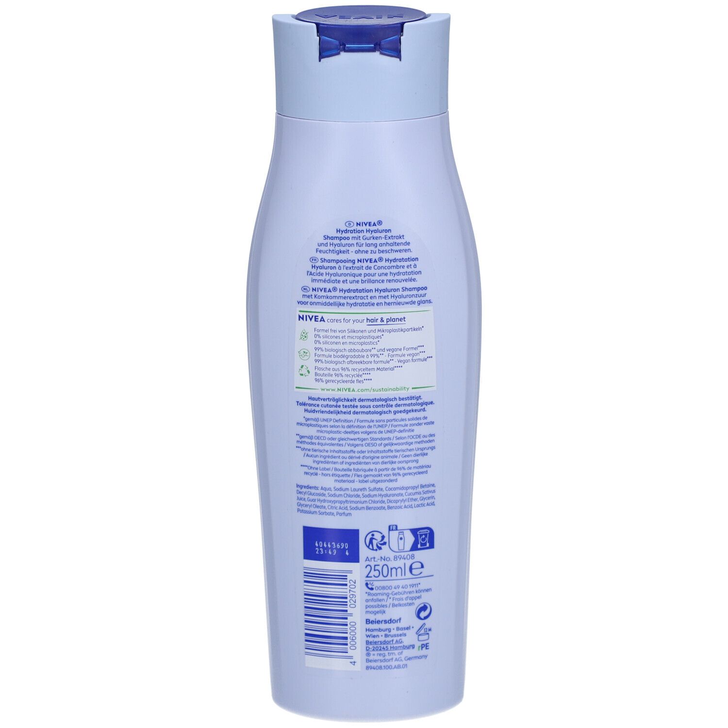 Rückseite einer hellblauen Shampoo-Flasche. Enthält Produktinformationen, Inhaltsstoffe und Logos. Unten: 250ml.