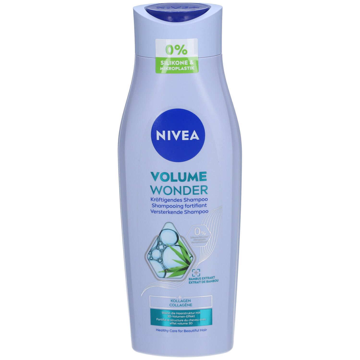 Flacon de shampooing bleu clair avec bouchon bleu. Logo Nivea et texte 'Volume Wonder'. Contient de l'extrait de bambou.