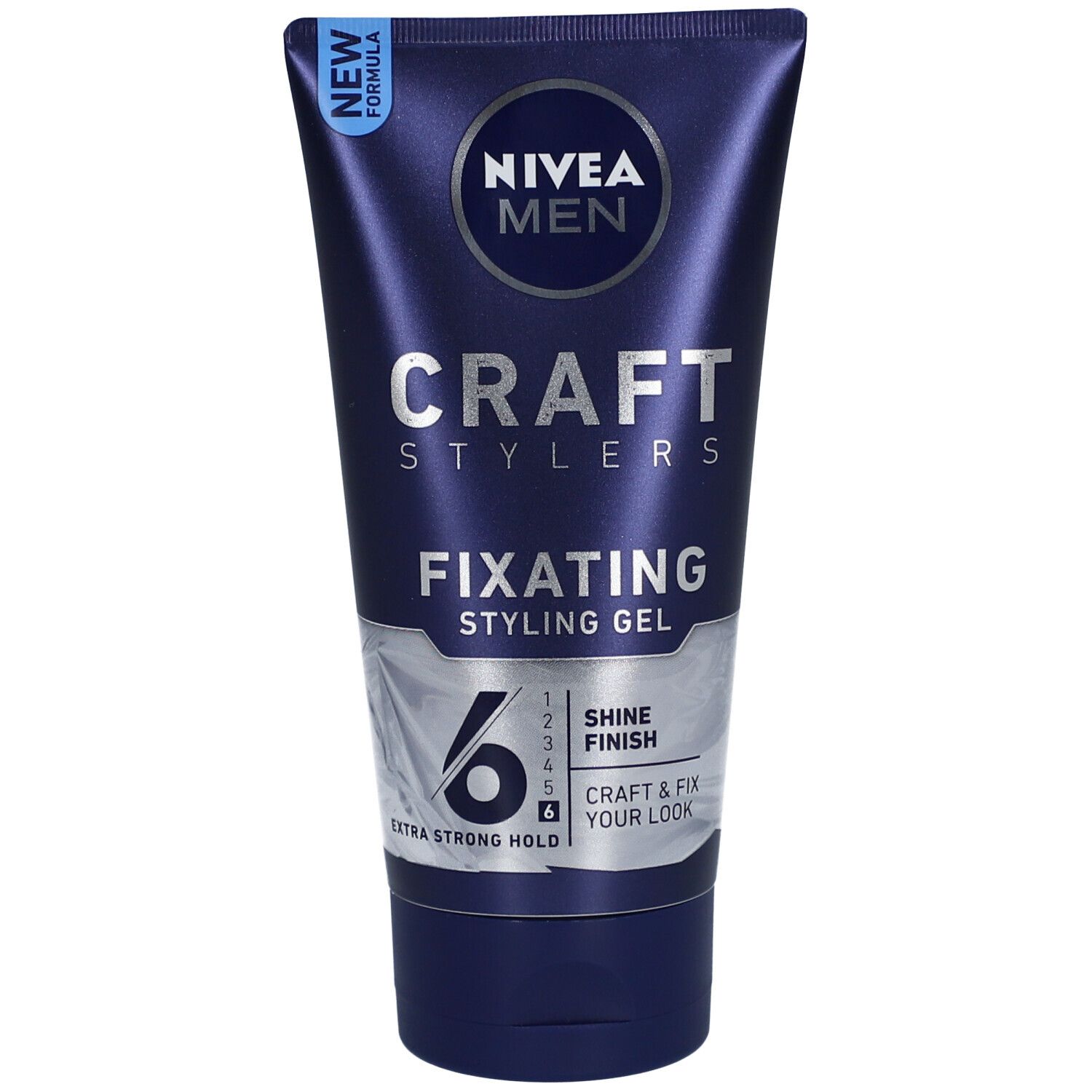 Dunkelblaue Tube Nivea Men Craft Stylers Fixating Styling Gel. Mit weißer Schrift, blaue Kappe. "Extra Strong Hold".