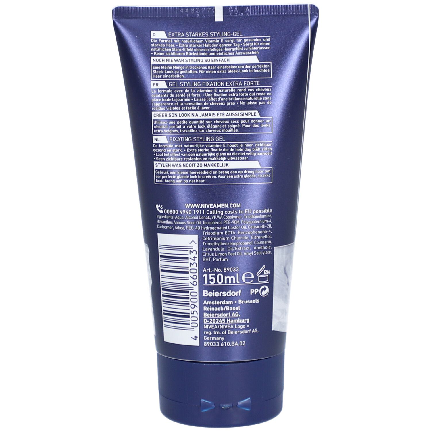 Rückseite der dunkelblauen Tube Nivea Men Styling Gel. Text in Deutsch, Französisch, Niederländisch. 150ml. Art.-Nr. 89033.