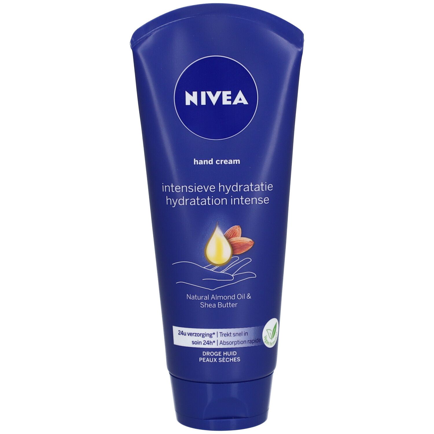Blaue Tube Nivea Handcreme. Aufschrift: Hand Cream, intensive hydratatie, Natural Almond Oil & Shea Butter. Tropfen und Mandeln.