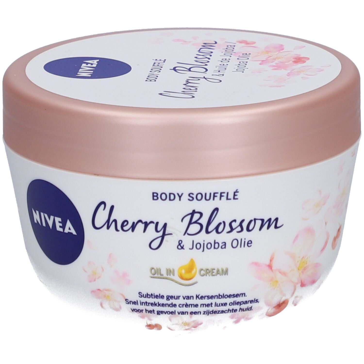 Witte pot met roze deksel. Opschrift: NIVEA, Body Soufflé Cherry Blossom & Jojoba Olie. Bloemenpatroon.