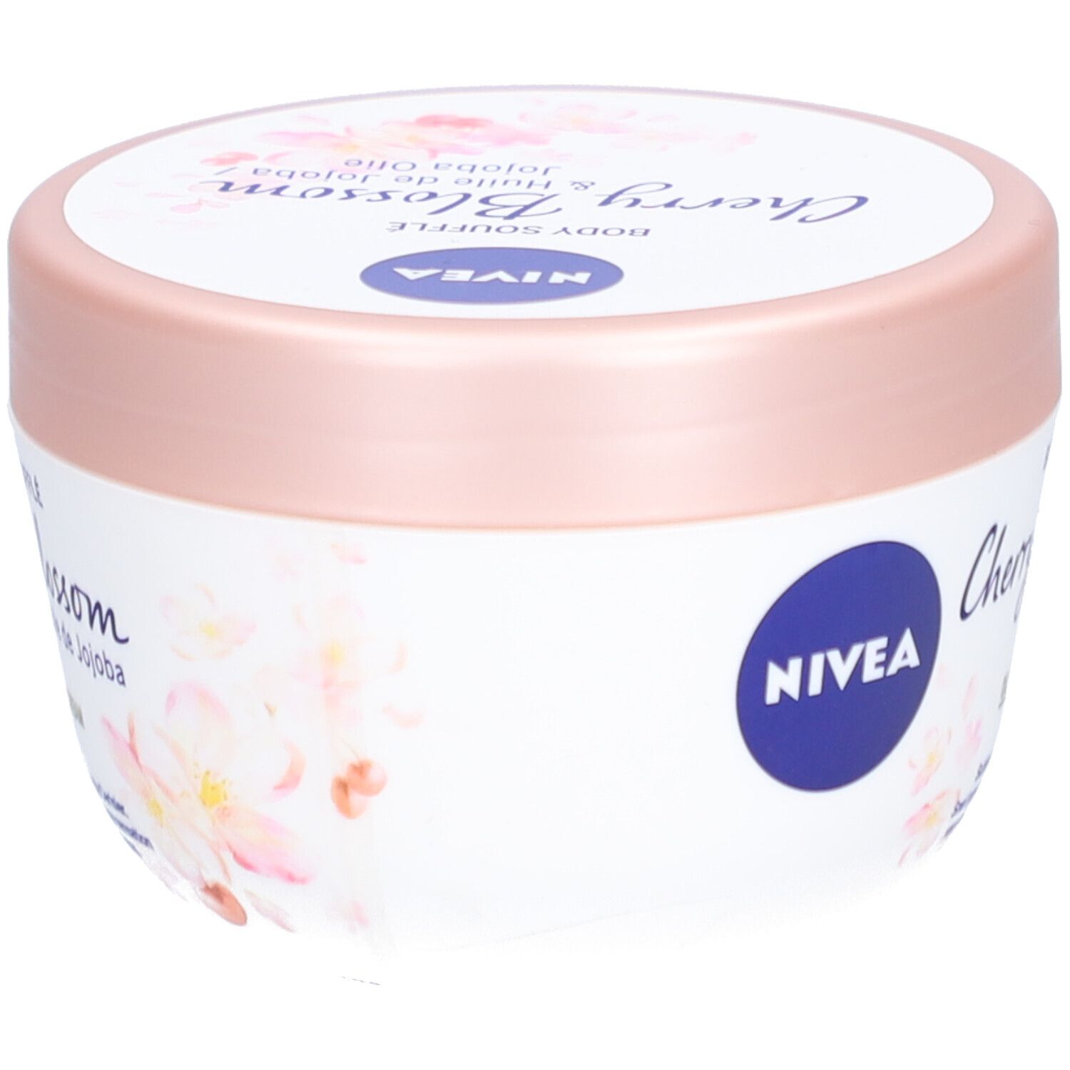 Witte pot met roze deksel. Opschrift: NIVEA, Body Soufflé Cherry Blossom & Jojoba Olie. Bloemenpatroon.
