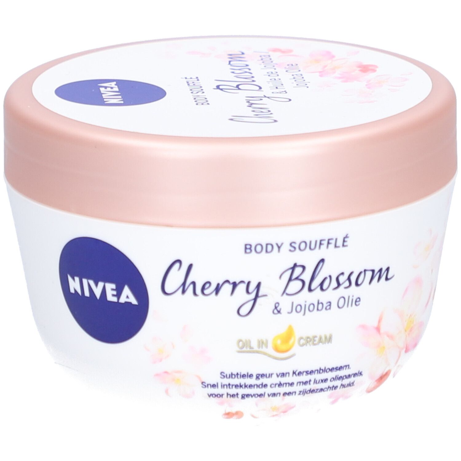 Witte pot met roze deksel. Opschrift: NIVEA, Body Soufflé Cherry Blossom & Jojoba Olie. Bloemenpatroon.