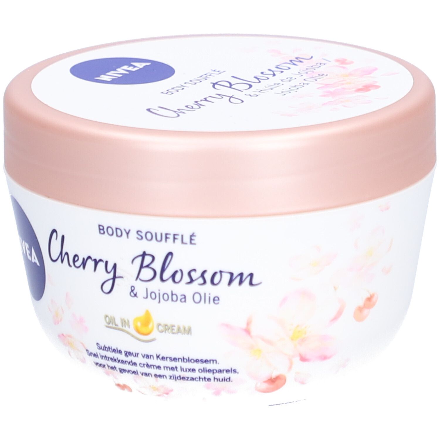 Witte pot met roze deksel. Opschrift: NIVEA, Body Soufflé Cherry Blossom & Jojoba Olie. Bloemenpatroon.