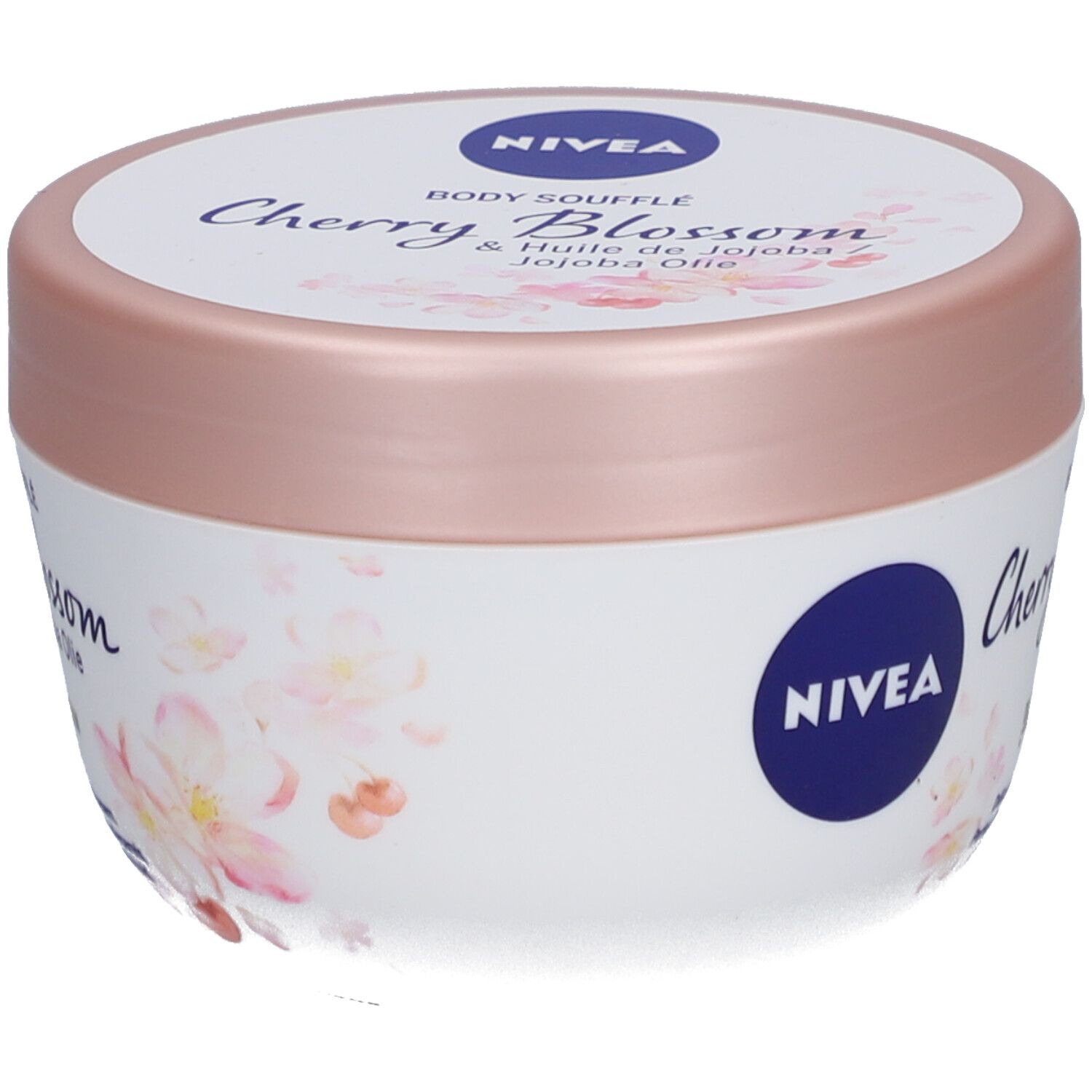 Witte pot met roze deksel. Opschrift: NIVEA, Body Soufflé Cherry Blossom & Jojoba Olie. Bloemenpatroon.