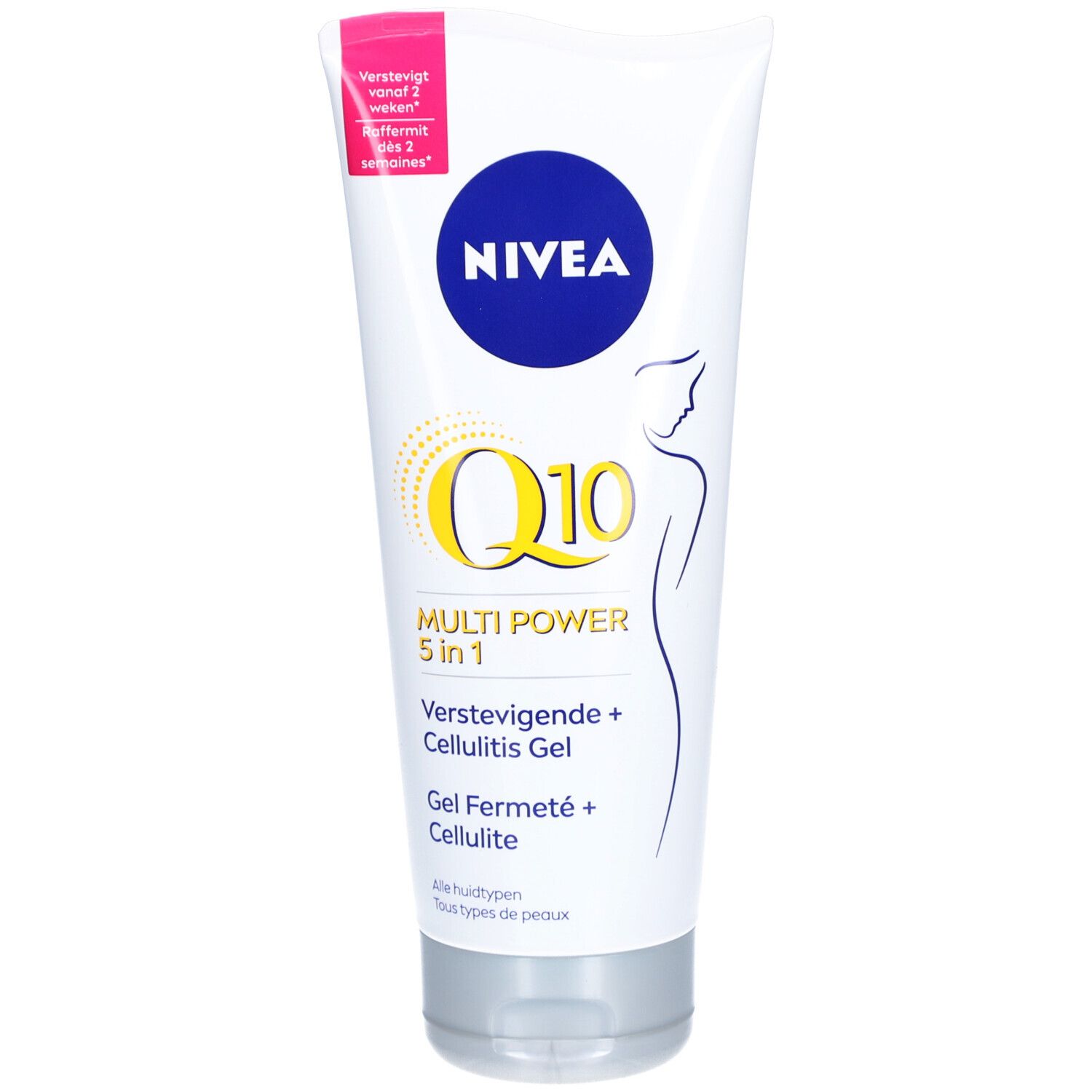 Weißes Tube mit blauem NIVEA-Logo, gelbem Q10-Schriftzug und Umriss einer Frau. Text: Multi Power 5 in 1, Verstevigende + Cellulitis Gel.
