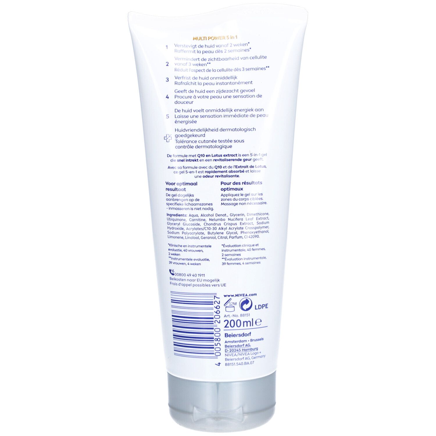 Rückseite der Tube. Text in mehreren Sprachen. Inhaltsstoffe, Anwendungshinweise, Herstellerinformationen und Logo. Volumen: 200ml.
