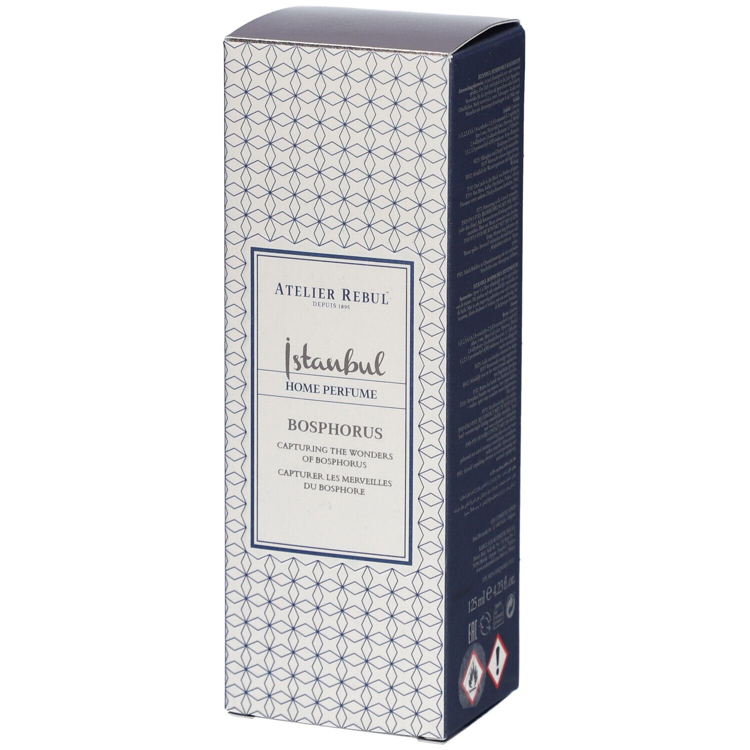 Atelier Rebul Istanbul Bosphorus Home Parfum Verpackung. Rechteckig, Muster. Text: Istanbul, Bosphorus.