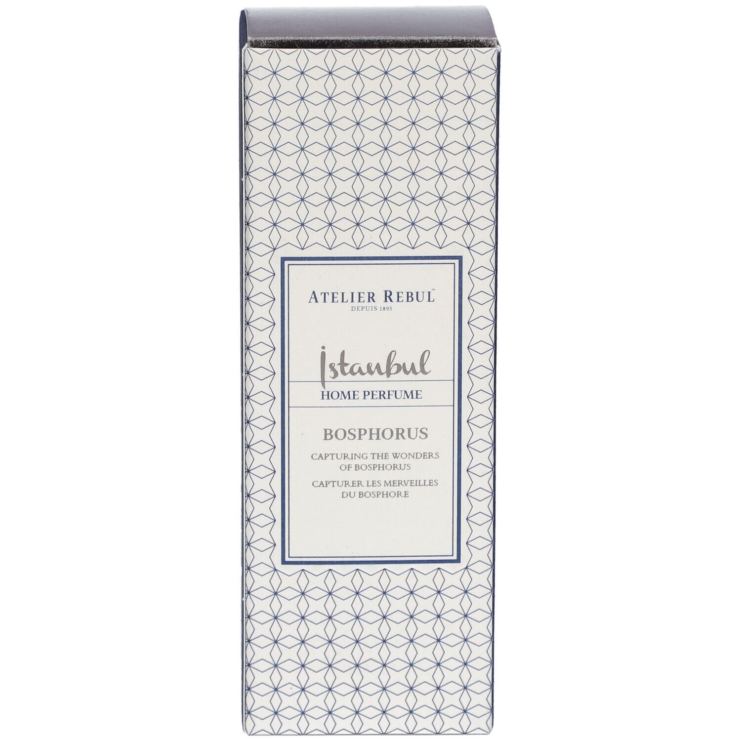 Atelier Rebul Istanbul Bosphorus Home Parfum Verpackung. Rechteckig, Muster. Text: Istanbul, Bosphorus.