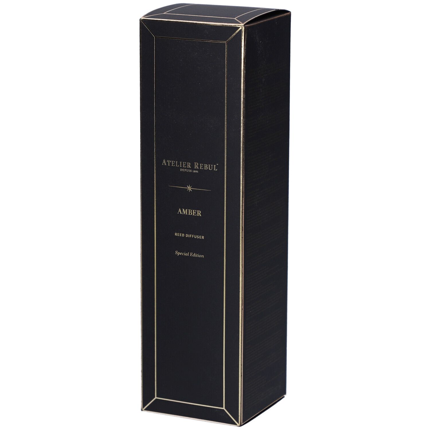 Schwarze Box mit goldener Umrandung, Aufschrift 'ATELIER REBUL AMBER WOOD DIFFUSER Special Edition'.