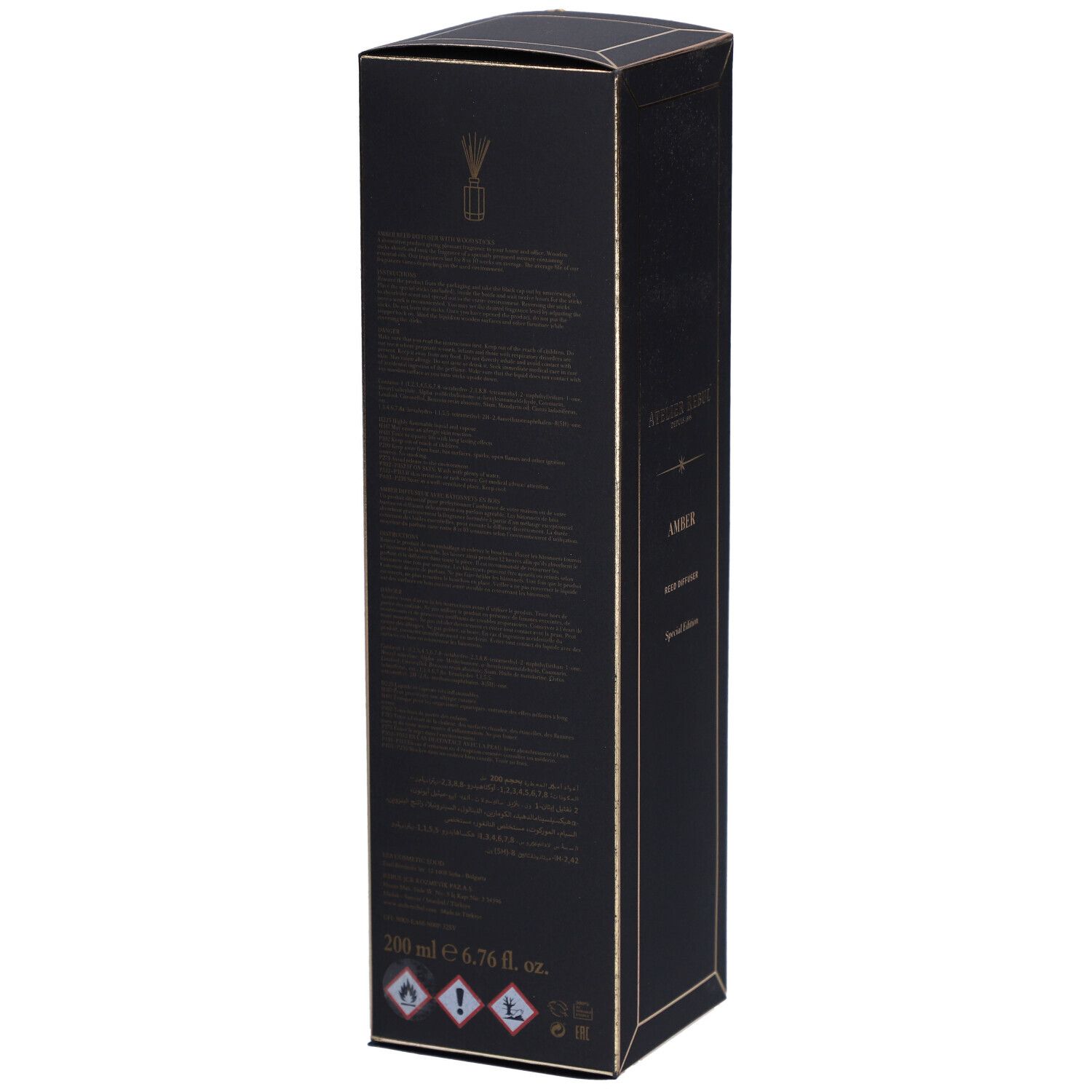 Schwarze rechteckige Box mit goldener Schrift und Symbolen. Enthält 200 ml.