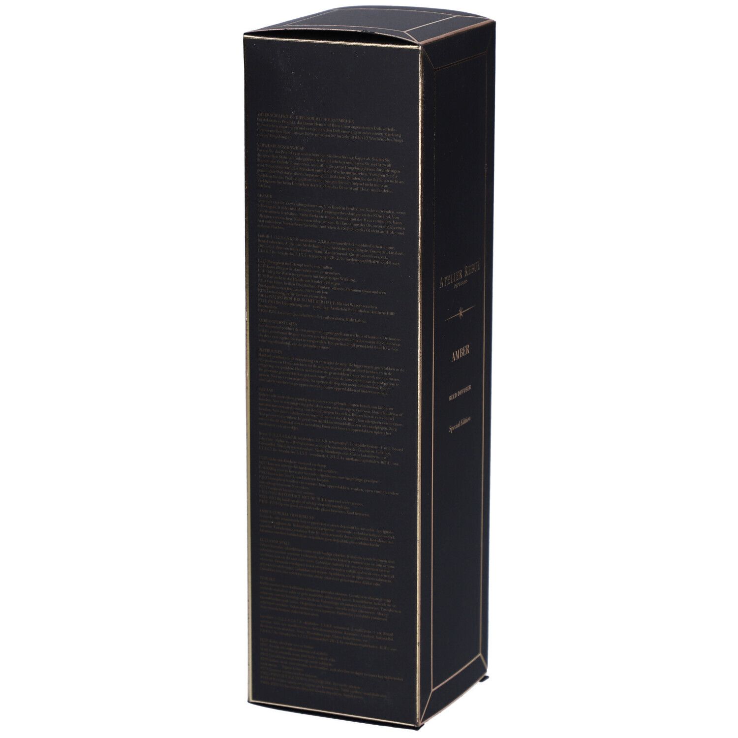 Schwarze rechteckige Box mit goldener Schrift und Linien.